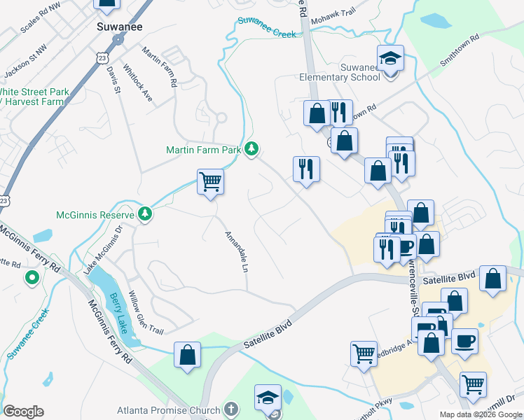 map of restaurants, bars, coffee shops, grocery stores, and more near 3650 Rosehaven Way in Suwanee