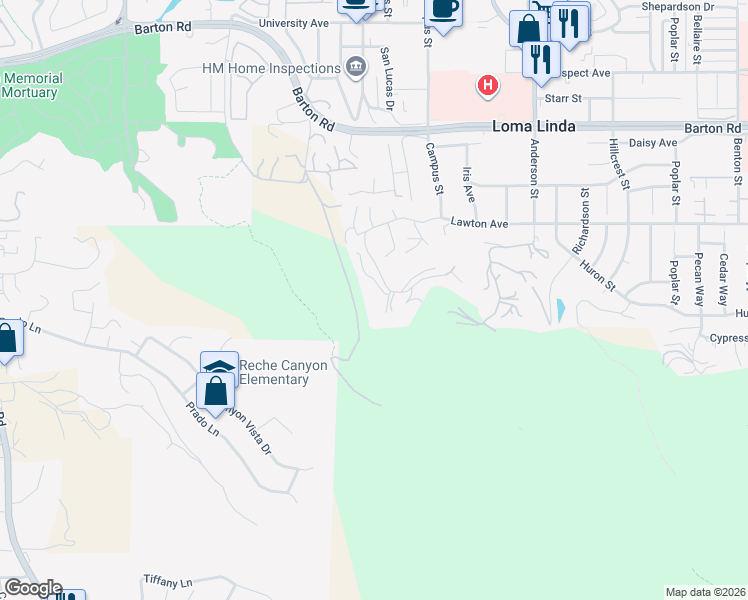 map of restaurants, bars, coffee shops, grocery stores, and more near 24444 Lawton Avenue in Loma Linda