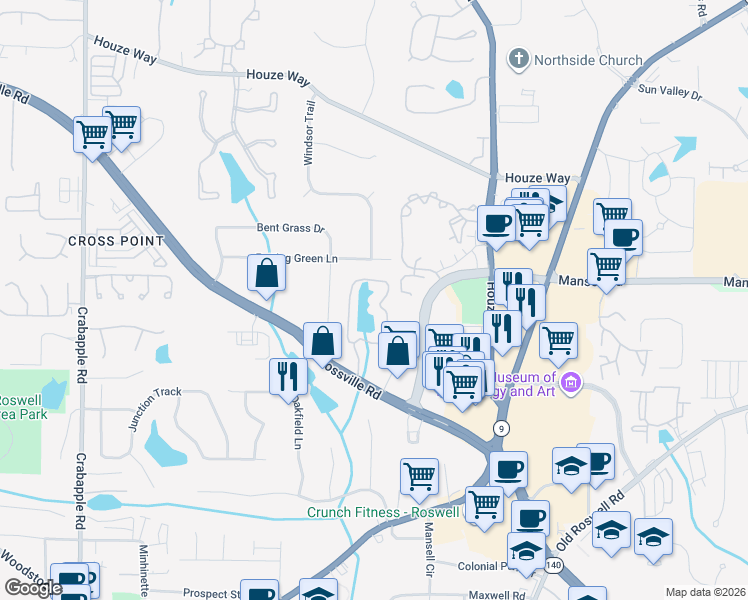 map of restaurants, bars, coffee shops, grocery stores, and more near 70 Mill Pond Road in Roswell