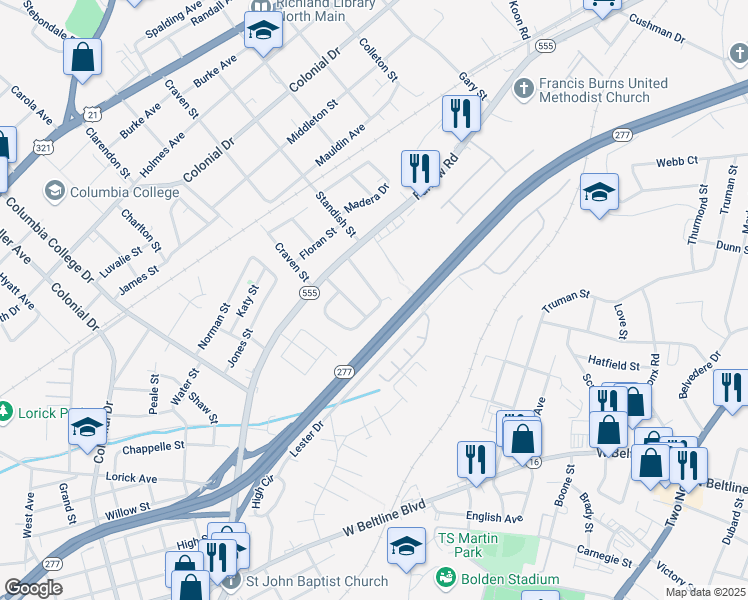 map of restaurants, bars, coffee shops, grocery stores, and more near 1713 Busby Street in Columbia