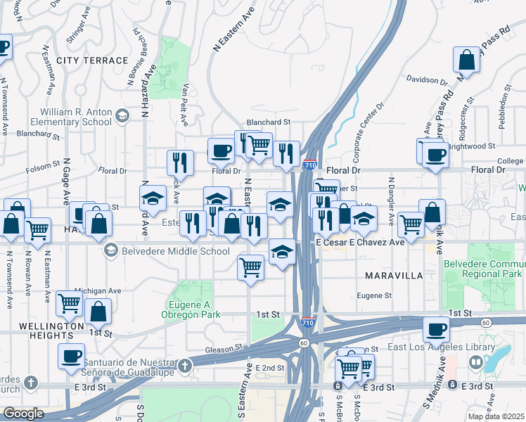 map of restaurants, bars, coffee shops, grocery stores, and more near 4323 East Hammel Street in Los Angeles
