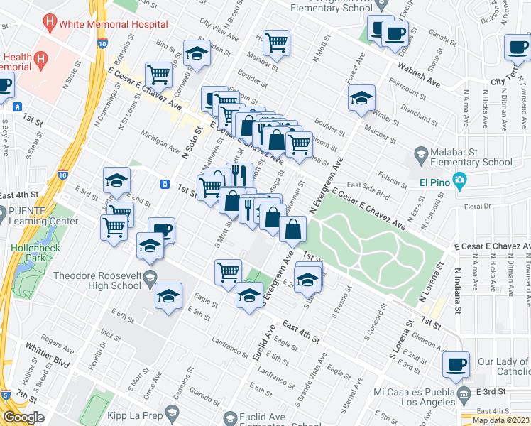 map of restaurants, bars, coffee shops, grocery stores, and more near 126 North Saratoga Street in Los Angeles