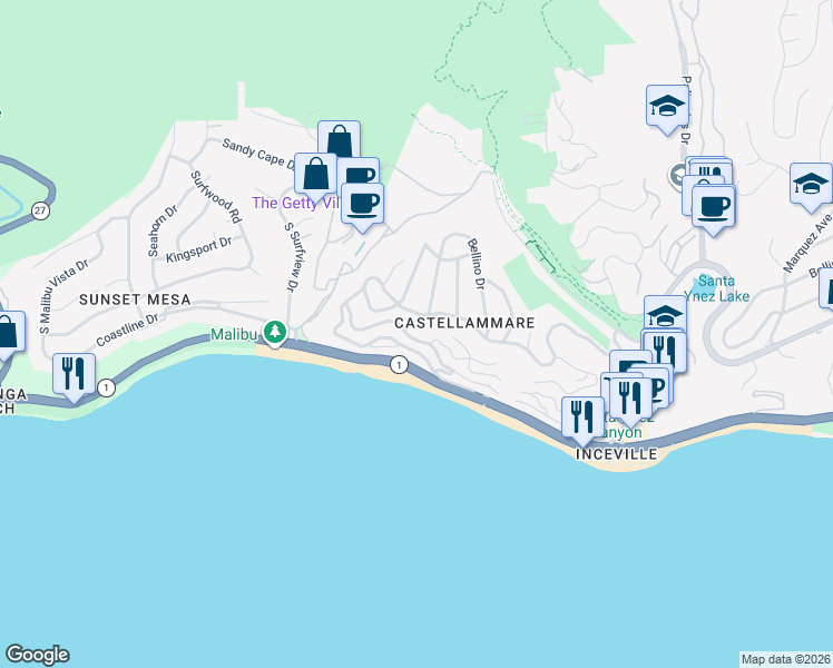 map of restaurants, bars, coffee shops, grocery stores, and more near 17819 Castellammare Drive in Los Angeles