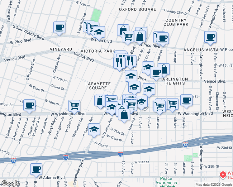 map of restaurants, bars, coffee shops, grocery stores, and more near 1746 Crenshaw Boulevard in Los Angeles