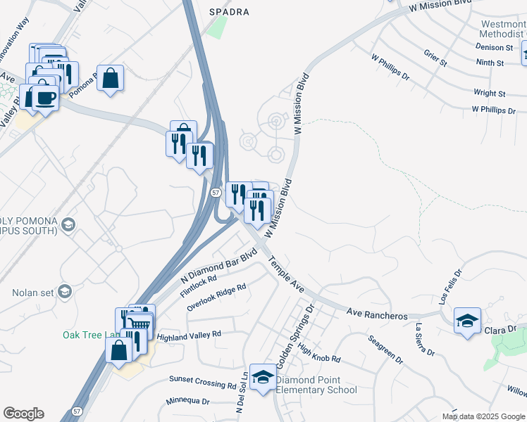map of restaurants, bars, coffee shops, grocery stores, and more near 3663 Legato Court in Pomona