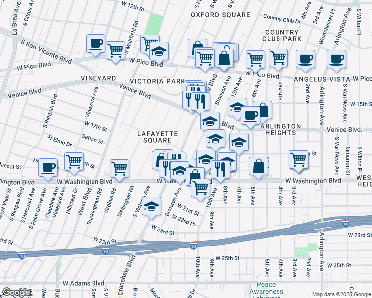 map of restaurants, bars, coffee shops, grocery stores, and more near 1732 Crenshaw Boulevard in Los Angeles