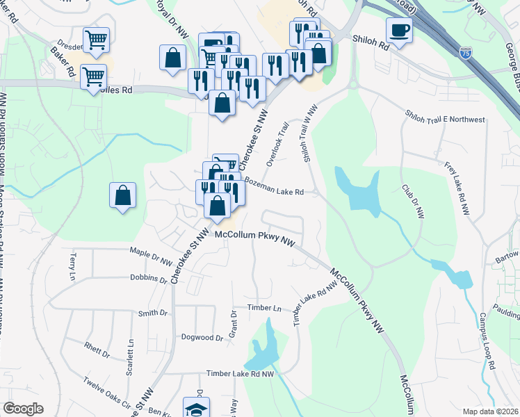map of restaurants, bars, coffee shops, grocery stores, and more near 4090 Sand Wedge Circle in Kennesaw