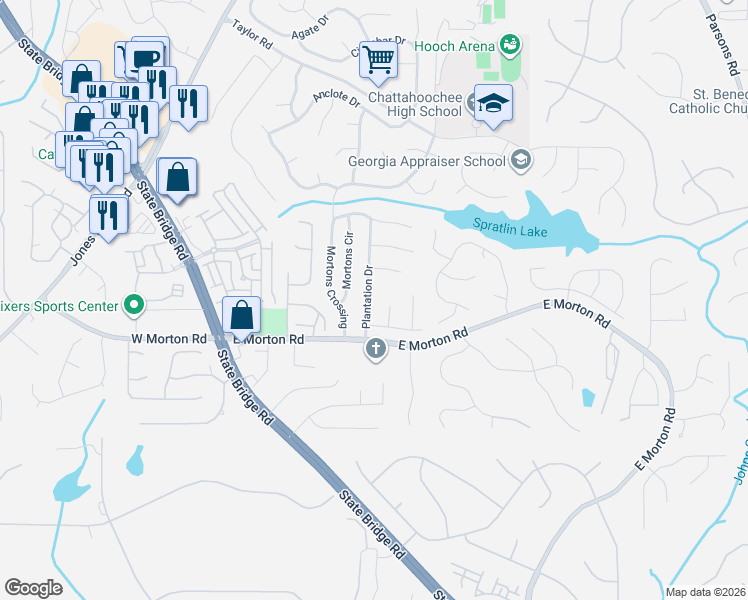 map of restaurants, bars, coffee shops, grocery stores, and more near 10715 Plantation Drive in Alpharetta