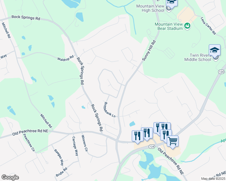 map of restaurants, bars, coffee shops, grocery stores, and more near 2487 Battery Pointe Northeast in Lawrenceville