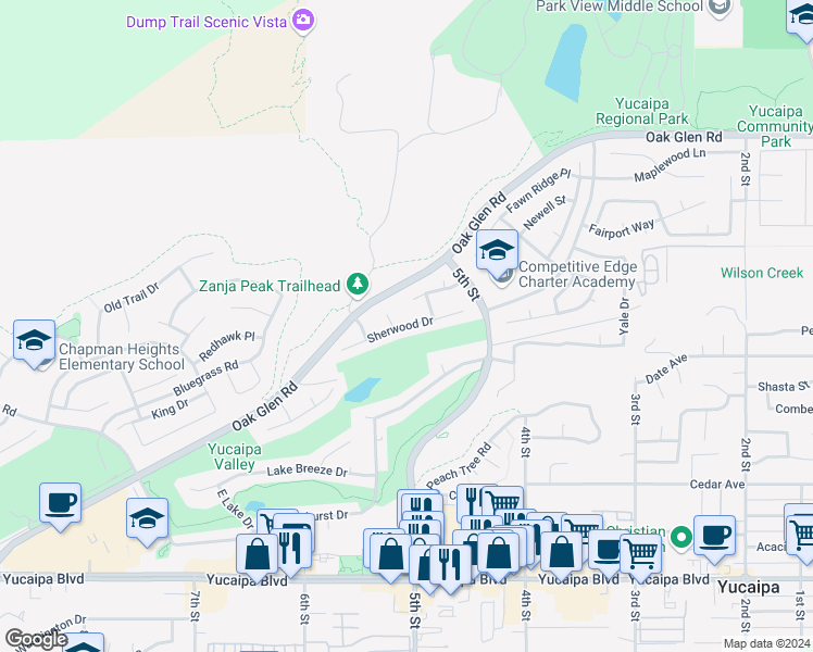 map of restaurants, bars, coffee shops, grocery stores, and more near 34280 Sherwood Drive in Yucaipa