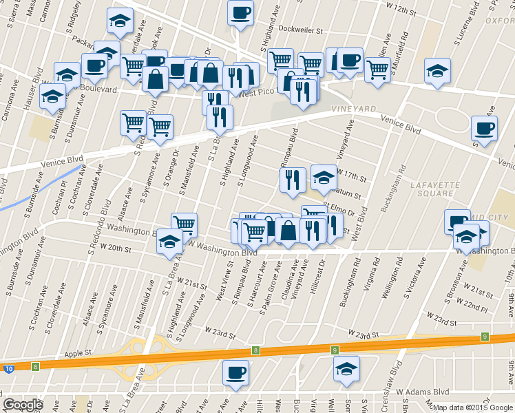 map of restaurants, bars, coffee shops, grocery stores, and more near 1805 South Rimpau Boulevard in Los Angeles