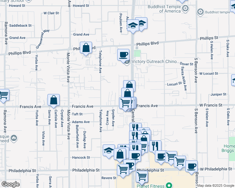 map of restaurants, bars, coffee shops, grocery stores, and more near 11628 Solaire Way in Chino