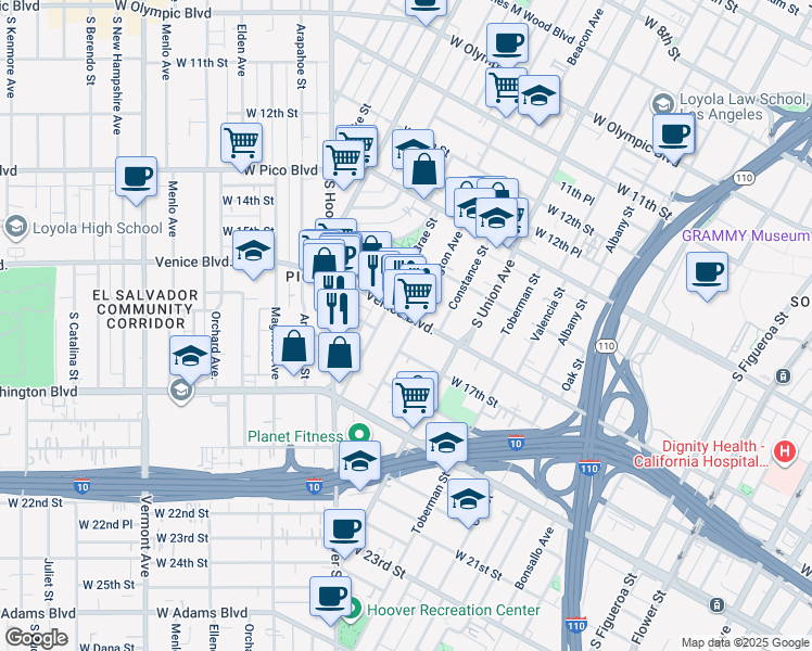map of restaurants, bars, coffee shops, grocery stores, and more near 1201 Venice Boulevard in Los Angeles