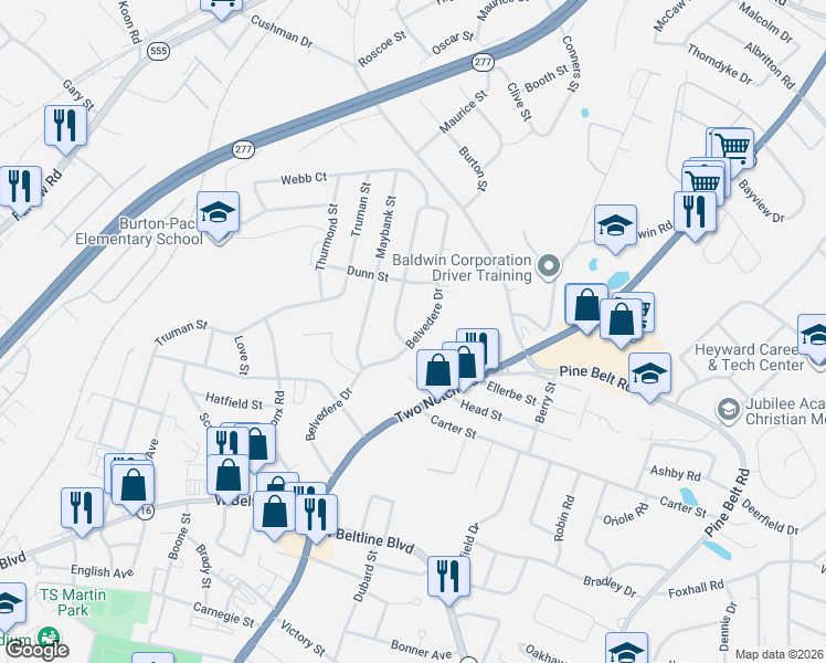 map of restaurants, bars, coffee shops, grocery stores, and more near 3412 Belvedere Drive in Columbia