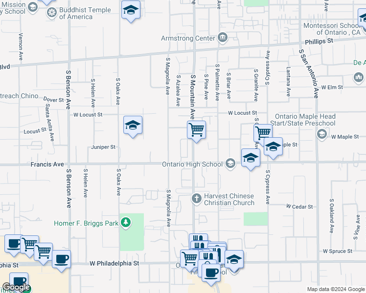 map of restaurants, bars, coffee shops, grocery stores, and more near 1726 South Mountain Avenue in Ontario
