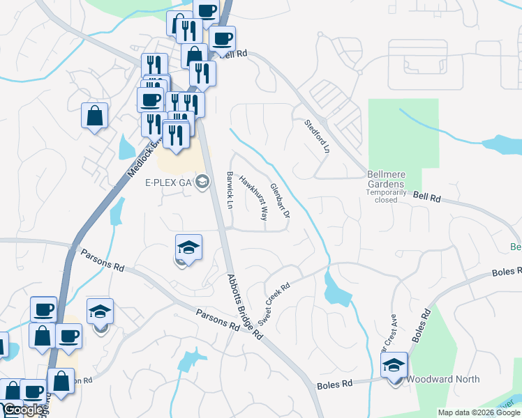 map of restaurants, bars, coffee shops, grocery stores, and more near 10705 Hawkhurst Way in Duluth