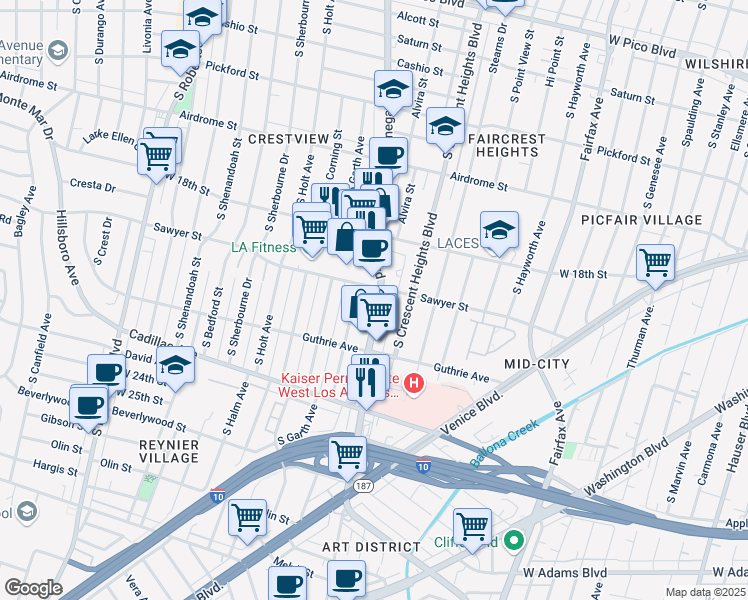 map of restaurants, bars, coffee shops, grocery stores, and more near 1900 Chariton Street in Los Angeles