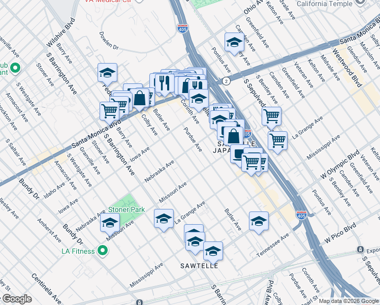 map of restaurants, bars, coffee shops, grocery stores, and more near 1800 Butler Avenue in Los Angeles