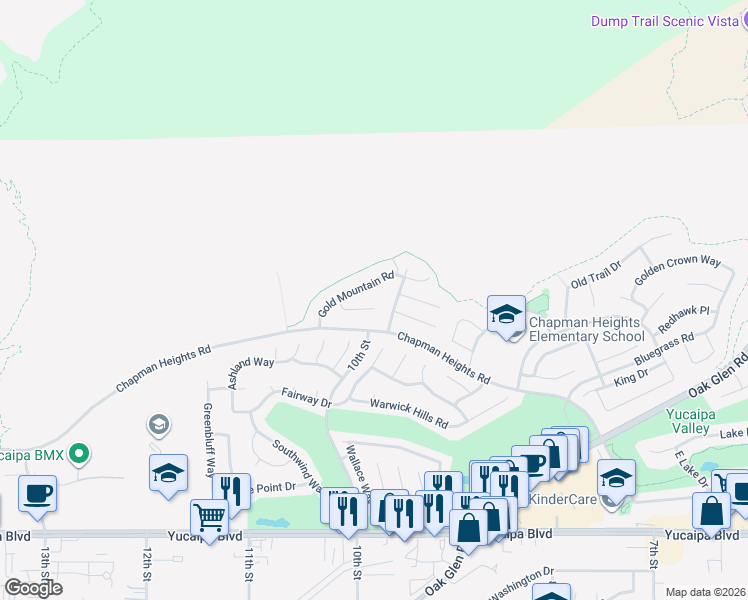 map of restaurants, bars, coffee shops, grocery stores, and more near 33369 Gold Mountain Road in Yucaipa