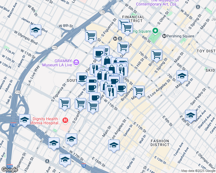 map of restaurants, bars, coffee shops, grocery stores, and more near 1001 South Olive Street in Los Angeles