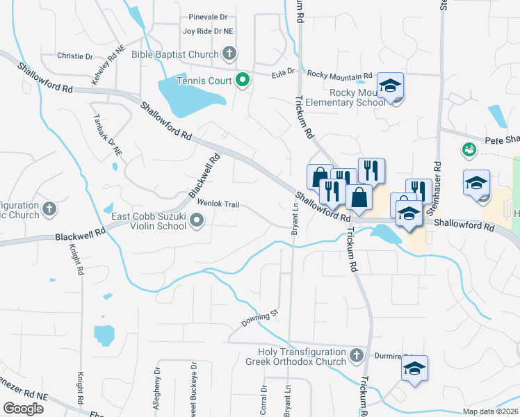 map of restaurants, bars, coffee shops, grocery stores, and more near 2165 Wenlok Trail in Marietta