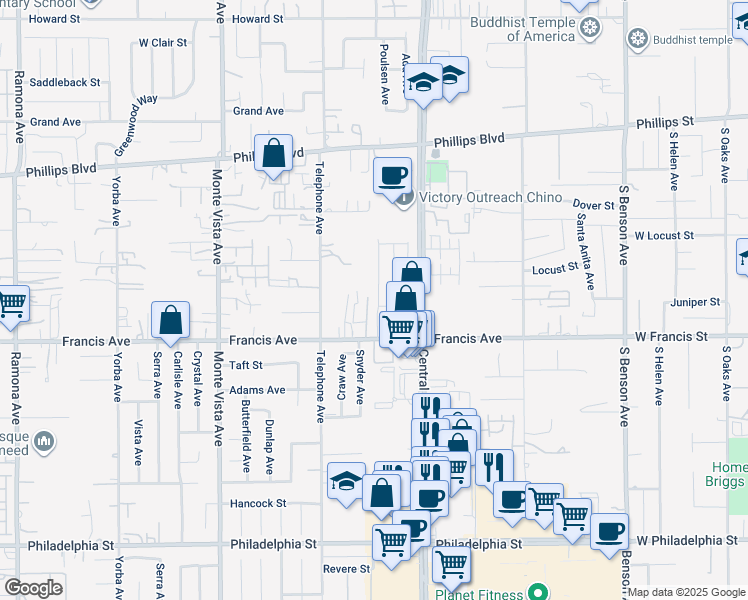 map of restaurants, bars, coffee shops, grocery stores, and more near 11628 Solaire Way in Chino