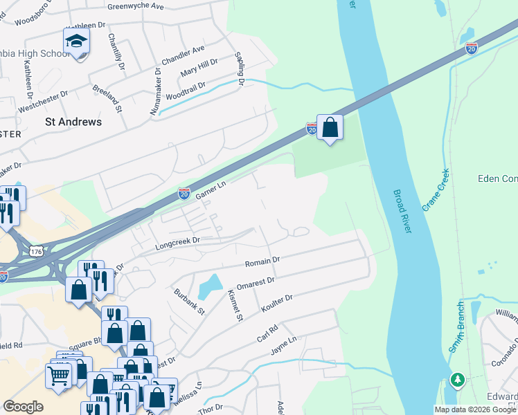 map of restaurants, bars, coffee shops, grocery stores, and more near 1701 Ashford Lane in Columbia