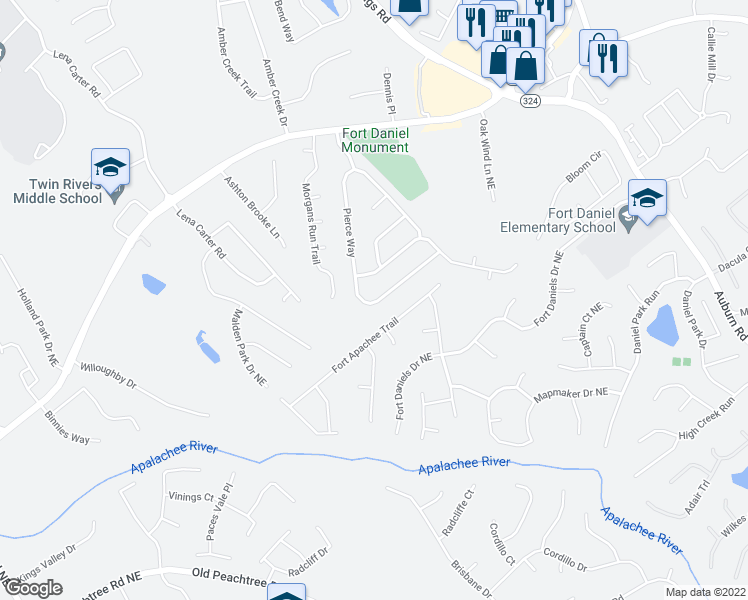 map of restaurants, bars, coffee shops, grocery stores, and more near 2204 Pierce Way Northeast in Dacula