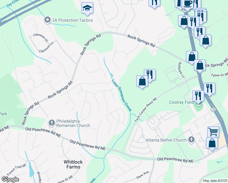 map of restaurants, bars, coffee shops, grocery stores, and more near 832 Rockfount Way Northeast in Lawrenceville