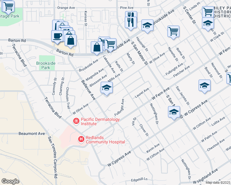 map of restaurants, bars, coffee shops, grocery stores, and more near 1318 San Pablo Avenue in Redlands