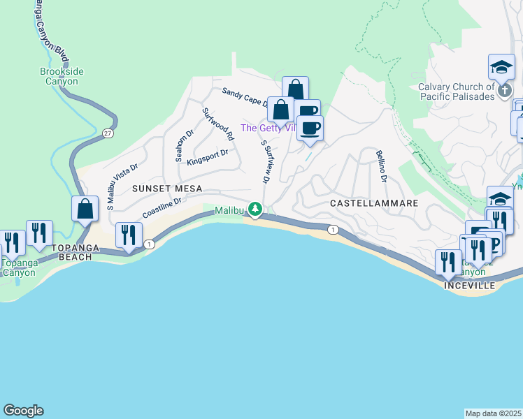 map of restaurants, bars, coffee shops, grocery stores, and more near 18000 Coastline Drive in Malibu
