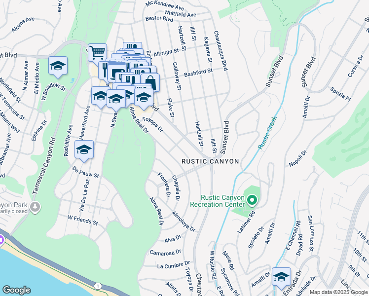 map of restaurants, bars, coffee shops, grocery stores, and more near 750 Toyopa Drive in Los Angeles