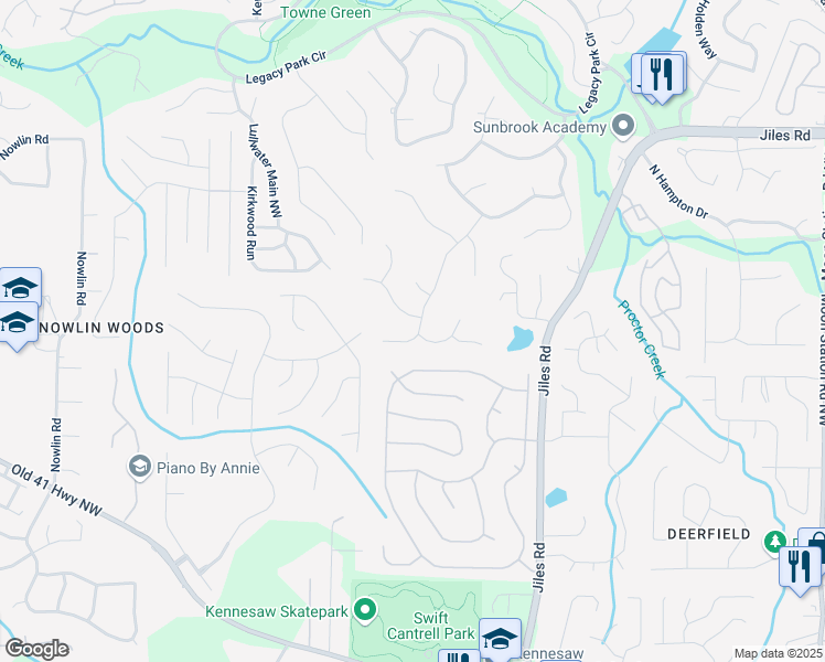 map of restaurants, bars, coffee shops, grocery stores, and more near 3515 Brandywine Road Northwest in Kennesaw