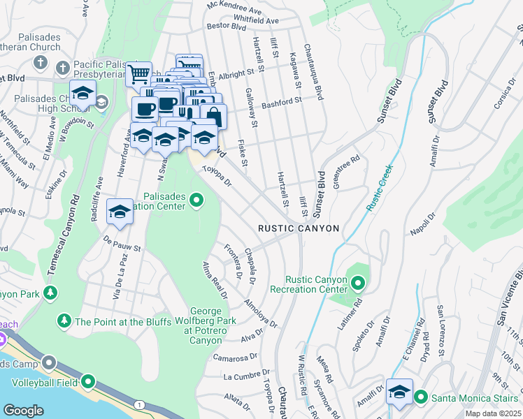 map of restaurants, bars, coffee shops, grocery stores, and more near 750 Toyopa Drive in Los Angeles