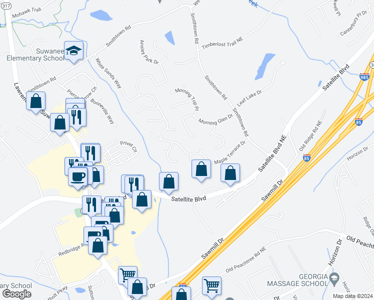 map of restaurants, bars, coffee shops, grocery stores, and more near 3305 Maple Terrace Drive in Suwanee