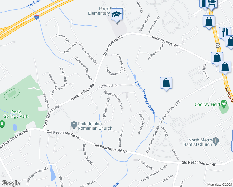 map of restaurants, bars, coffee shops, grocery stores, and more near 2815 Springrock Hill Trail in Lawrenceville