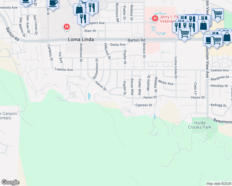 map of restaurants, bars, coffee shops, grocery stores, and more near 25105 Crestview Drive in Loma Linda