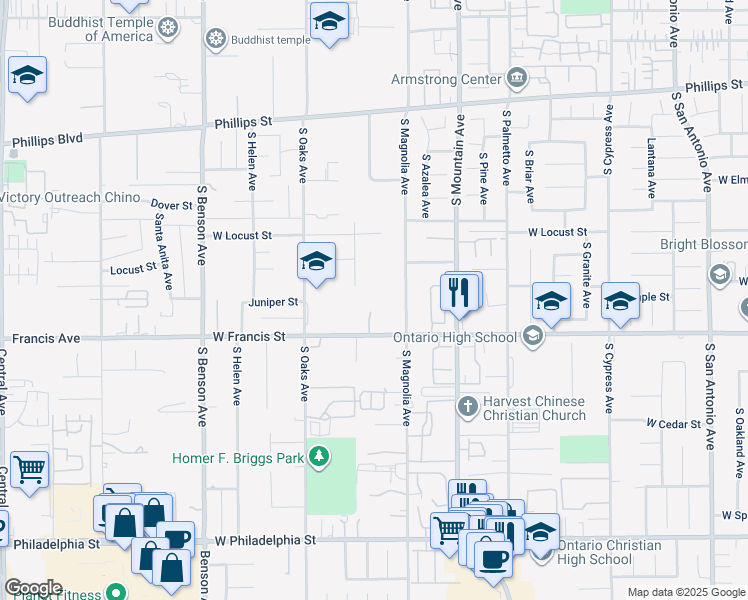 map of restaurants, bars, coffee shops, grocery stores, and more near 1717 South Elderberry Court in Ontario