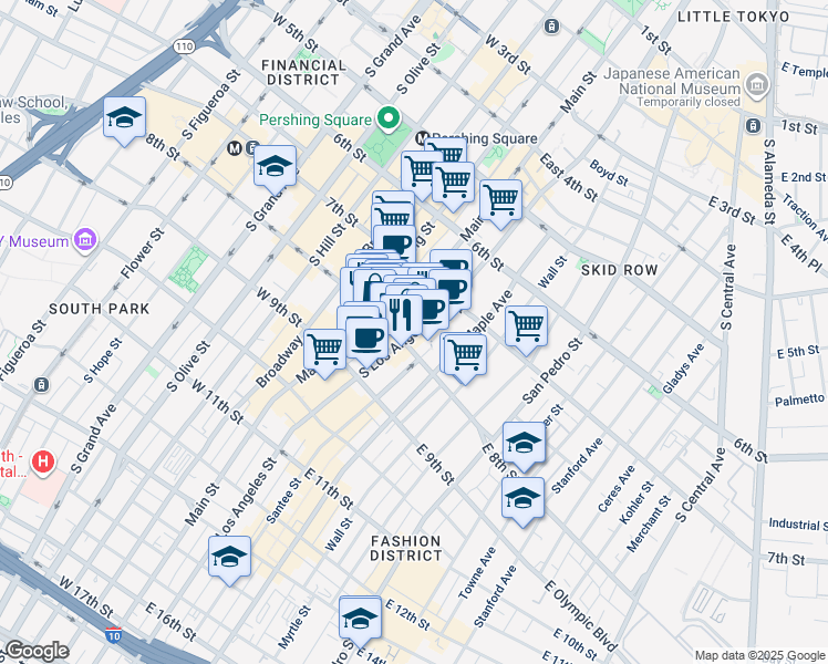 map of restaurants, bars, coffee shops, grocery stores, and more near 113 East 8th Street in Los Angeles