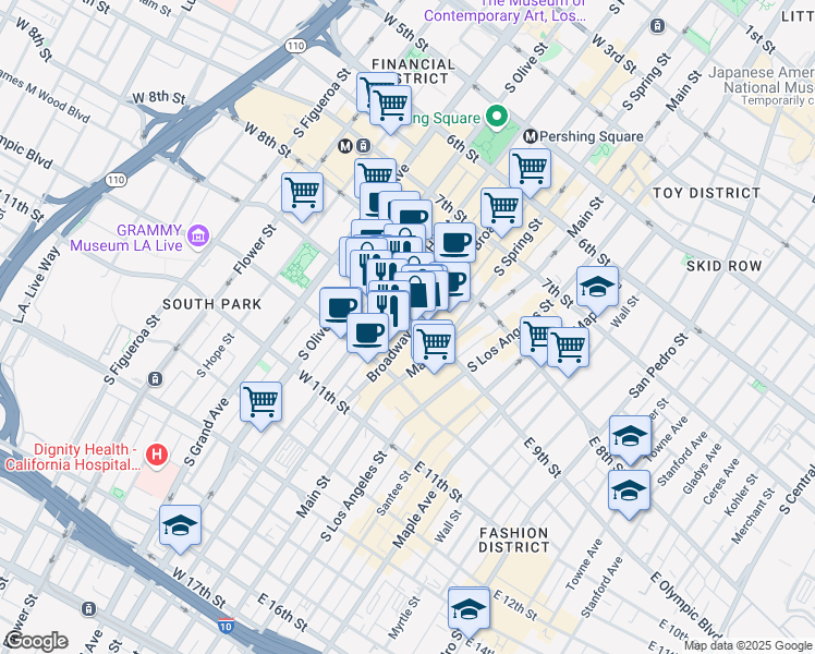 map of restaurants, bars, coffee shops, grocery stores, and more near 912 South Hill Street in Los Angeles