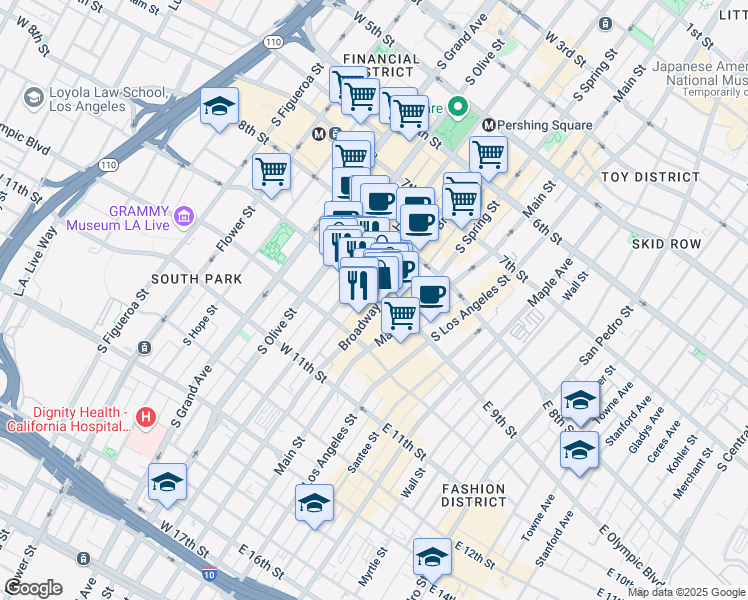 map of restaurants, bars, coffee shops, grocery stores, and more near 912 South Hill Street in Los Angeles
