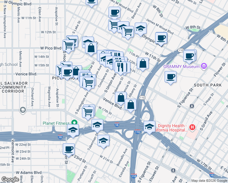 map of restaurants, bars, coffee shops, grocery stores, and more near 1414 South Union Avenue in Los Angeles