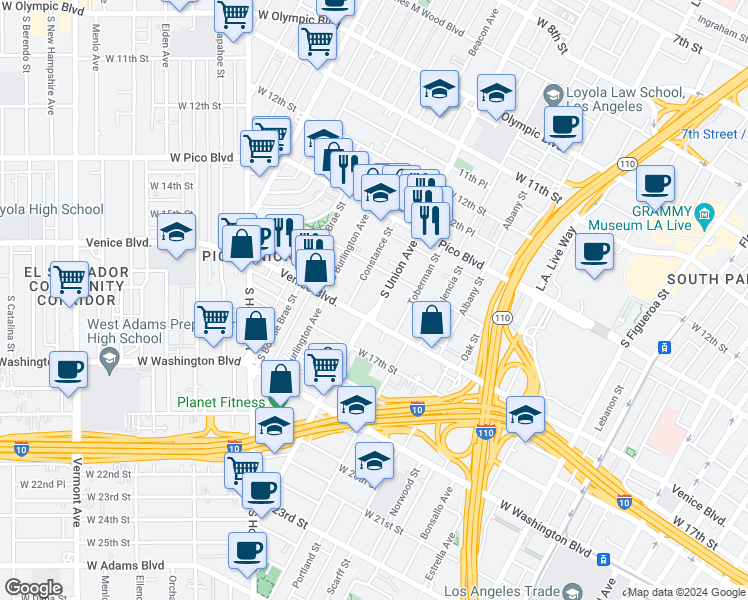 map of restaurants, bars, coffee shops, grocery stores, and more near 1436 1/2 Constance Street in Los Angeles