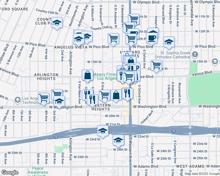 map of restaurants, bars, coffee shops, grocery stores, and more near 1634 South Gramercy Place in Los Angeles