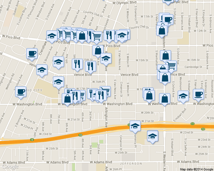 map of restaurants, bars, coffee shops, grocery stores, and more near 1629 South Van Ness Avenue in Los Angeles