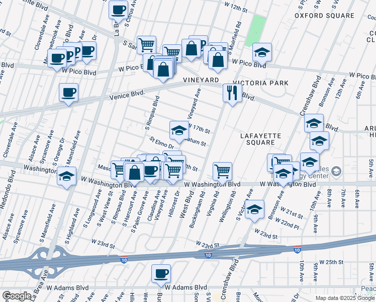 map of restaurants, bars, coffee shops, grocery stores, and more near 4547 Saint Elmo Drive in Los Angeles