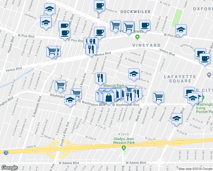 map of restaurants, bars, coffee shops, grocery stores, and more near 1793 South Rimpau Boulevard in Los Angeles