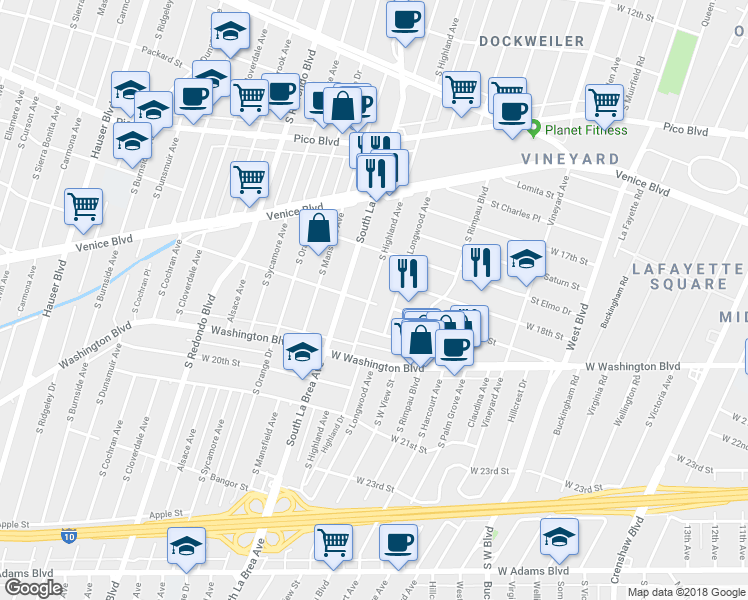 map of restaurants, bars, coffee shops, grocery stores, and more near 1751 South Highland Avenue in Los Angeles