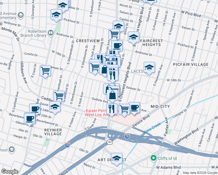 map of restaurants, bars, coffee shops, grocery stores, and more near 1900 Chariton Street in Los Angeles