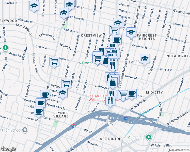 map of restaurants, bars, coffee shops, grocery stores, and more near 1919 South Corning Street in Los Angeles